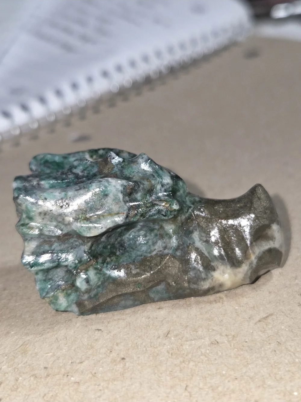 Detailed Moss Agate and Pyrite Crystal Carved Dragon Head Stone Sculpture Decor